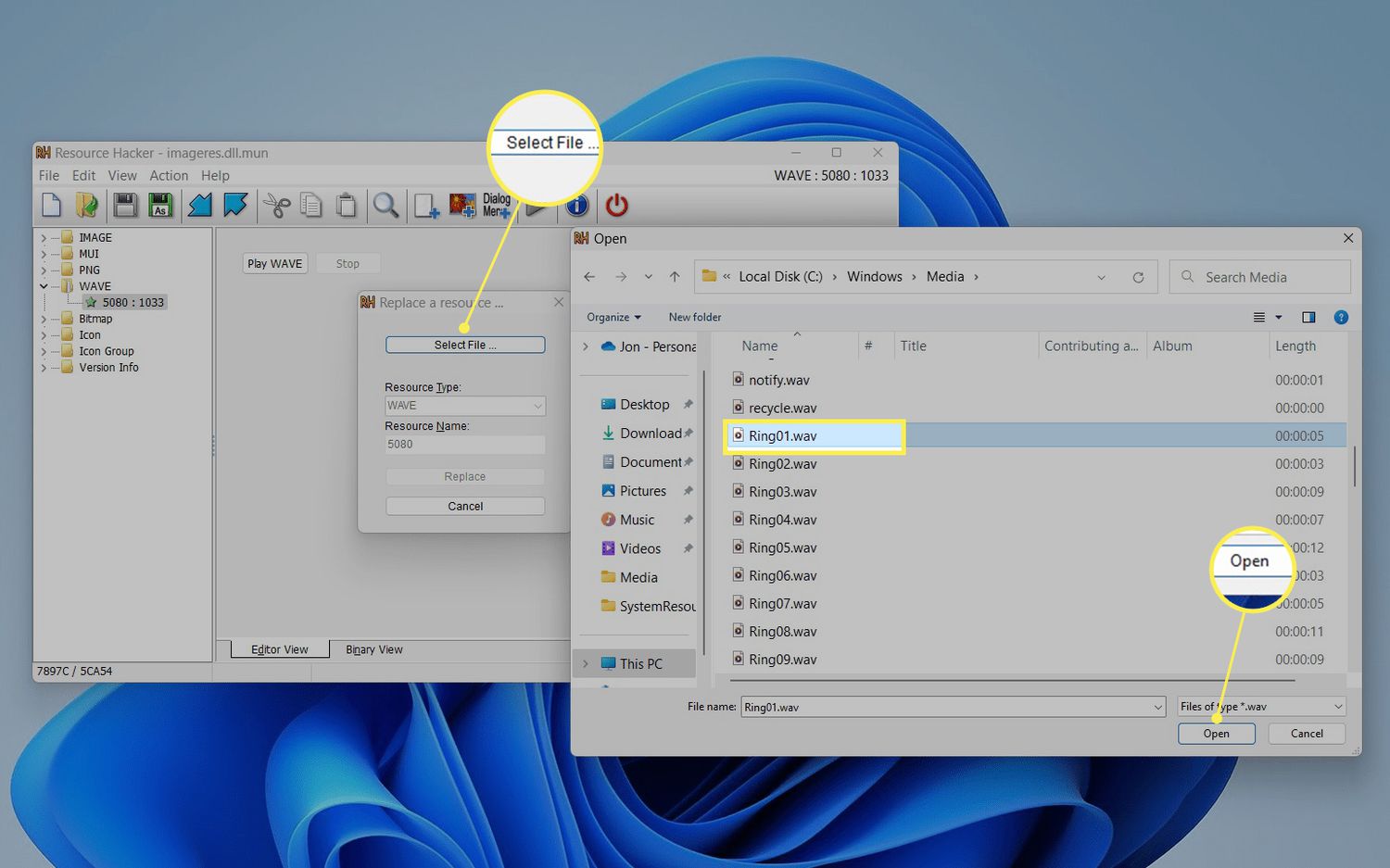 Resource Hacker WAV file selection with Select File, file, and Open highlighted