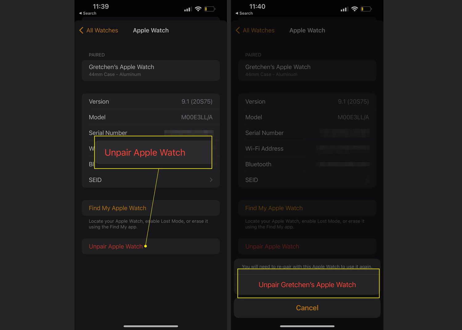 iPhone Watch app with Unpair Apple Watch and Unpair to confirm highlighted