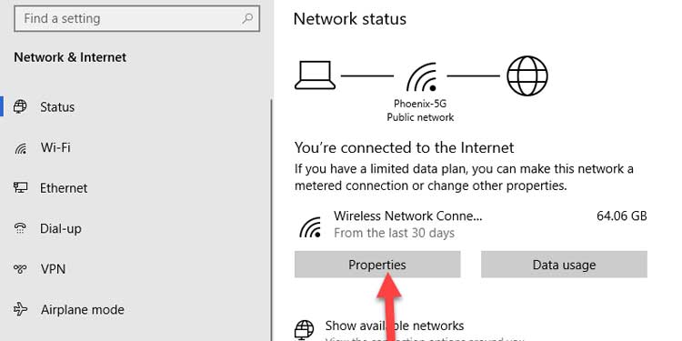 Windows Wireless connection properties