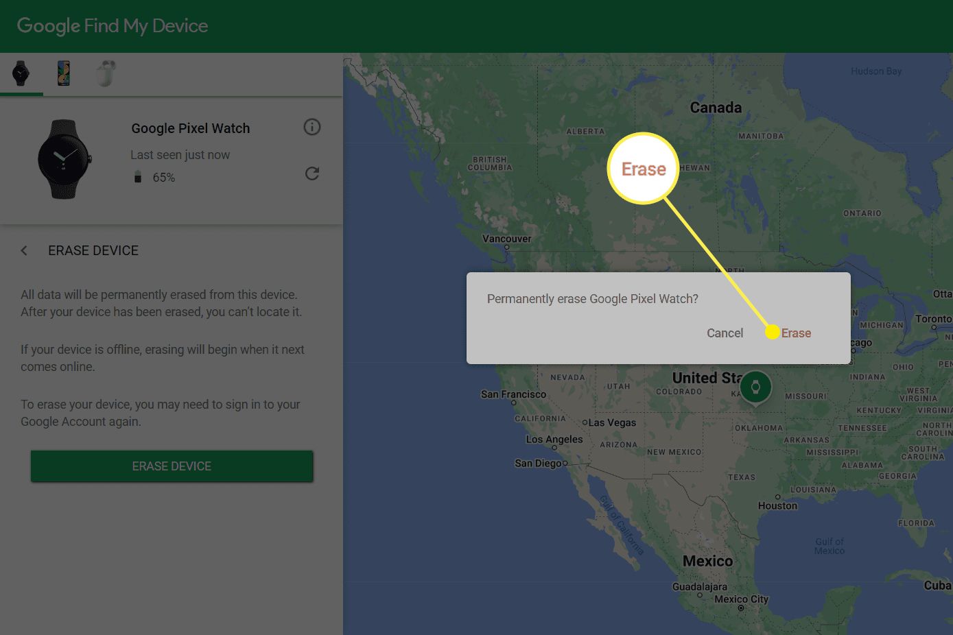 Permanently erase Google Pixel Watch with Find My Device