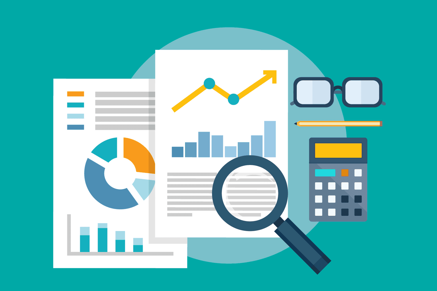 Illustration of research and analysis with papers and a magnifying glass