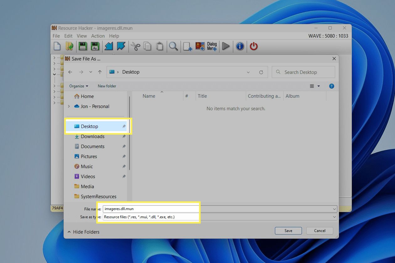 Resource Hacker save as prompt with desktop folder showing