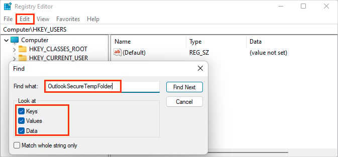 Find-OutlookSecureTempFolder-registry-editor