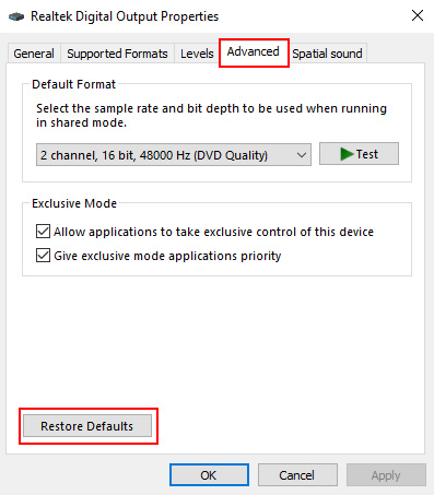 Restore Default speaker settings