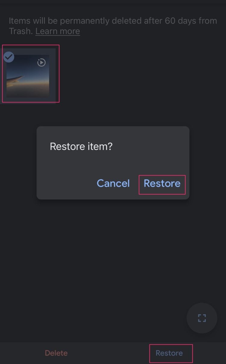 Restore photos on Google photos app