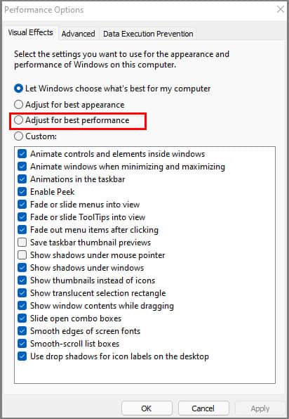 adjust for best performance option for visual settings