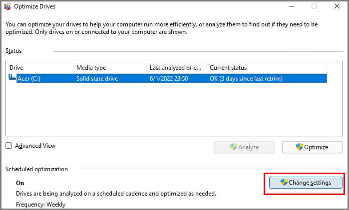 change settings for automatic defrag schedule