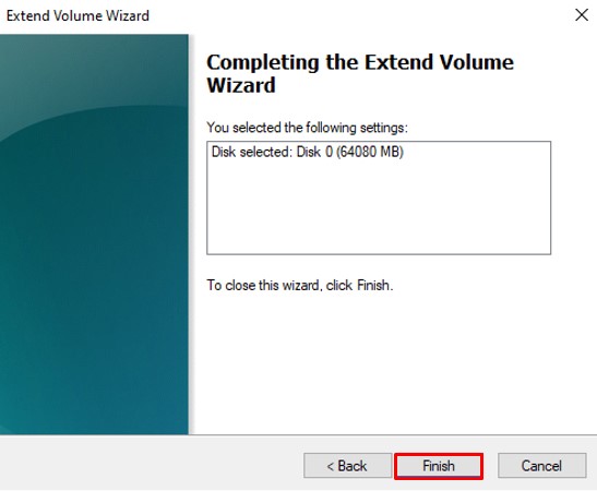 completing extend volume wizard