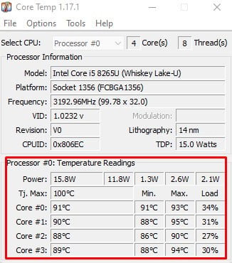 core temp temperature readings