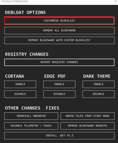 customize blocklist using debloater