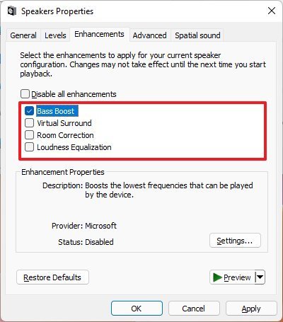 disable audio enhancements Win11