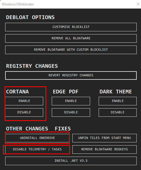 disable telemetry tasks using debloater