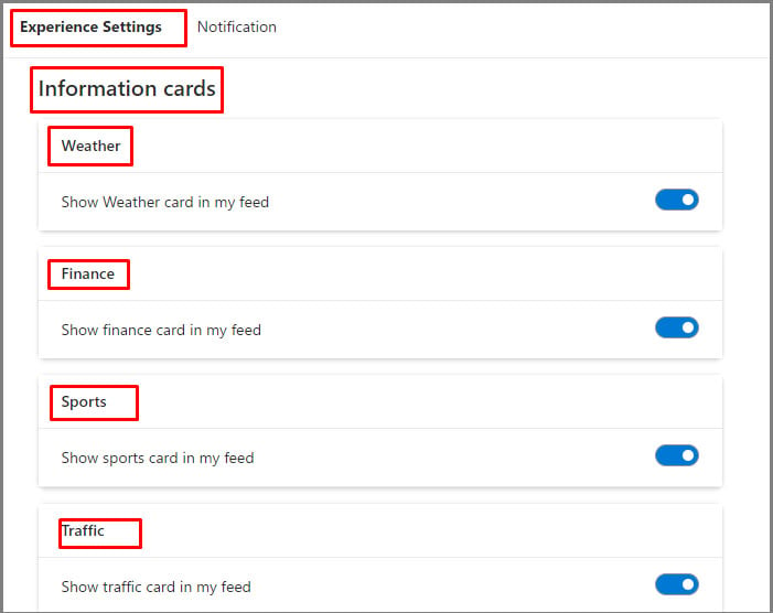 experience settings for information card in microsoft start
