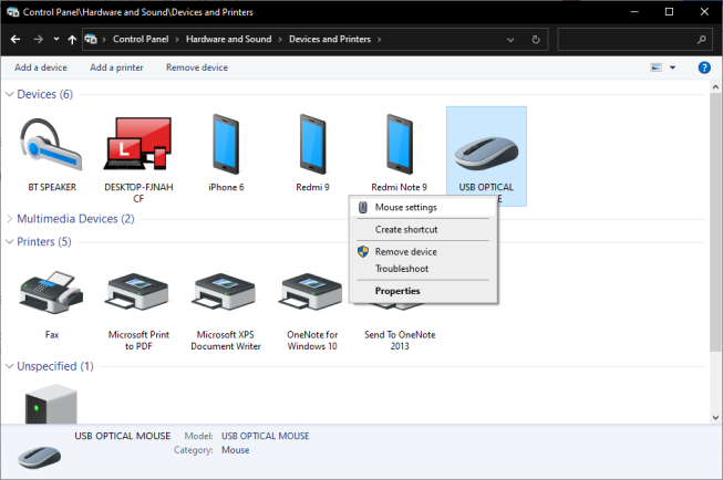 mouse settings control panel