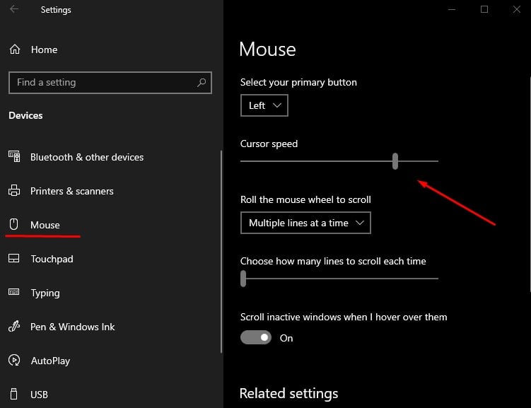 mouse speed slider settings