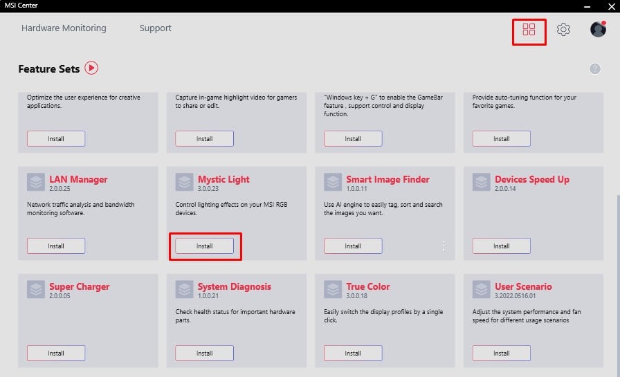 msi center app icon and install mystic light