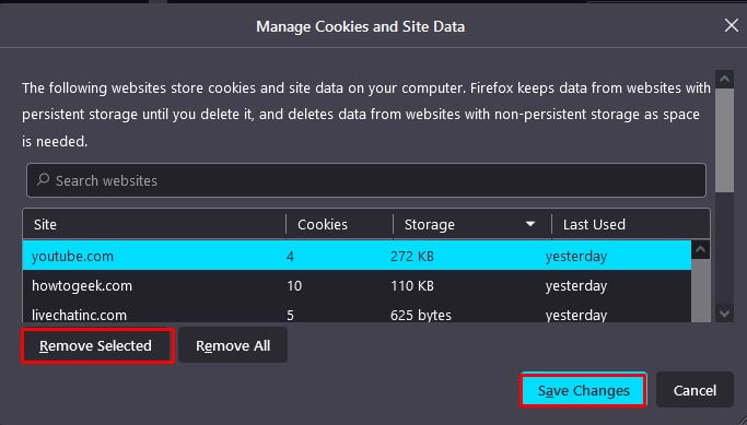 remove selected cookies