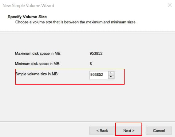 set size new volume hard disk not found