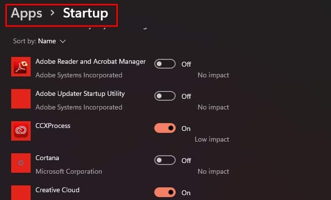 startup section in windows settings