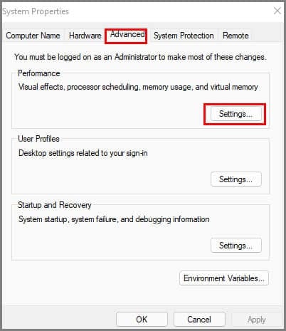 system properties for view advanced settings