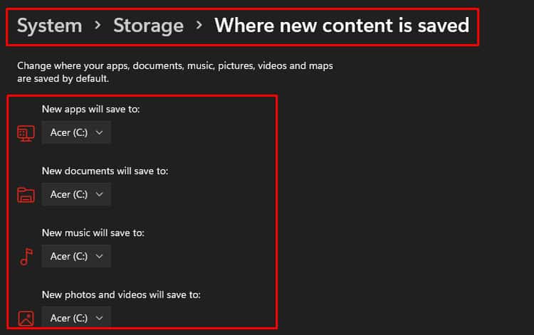 system setting to change where content is saved