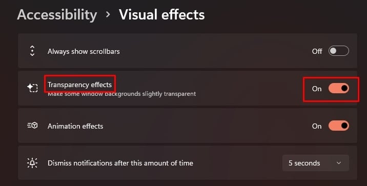 transparency effects toggle off in windows