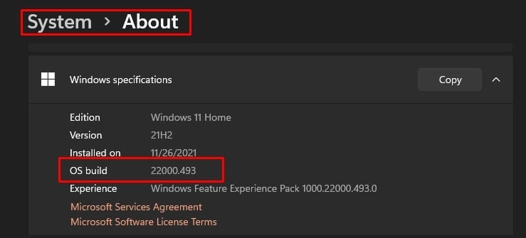 windows os build check in windows settings