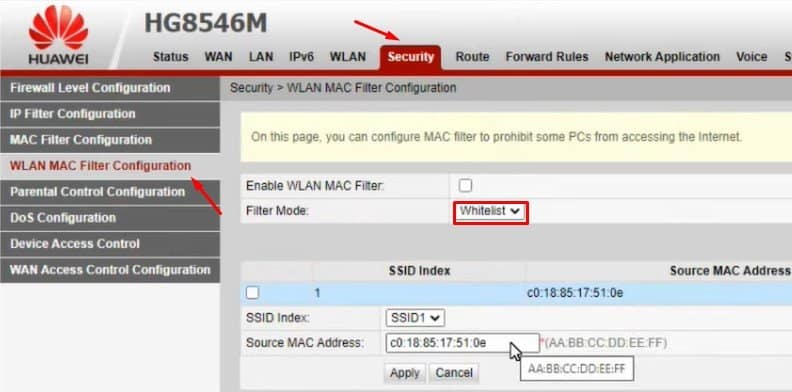 wlan mac filter configuration