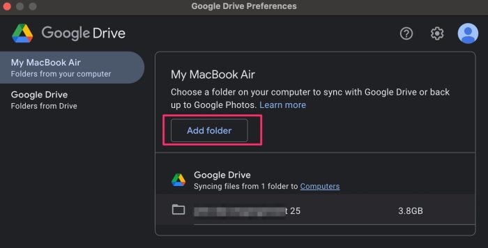 Add Folder to sync with Google Drive
